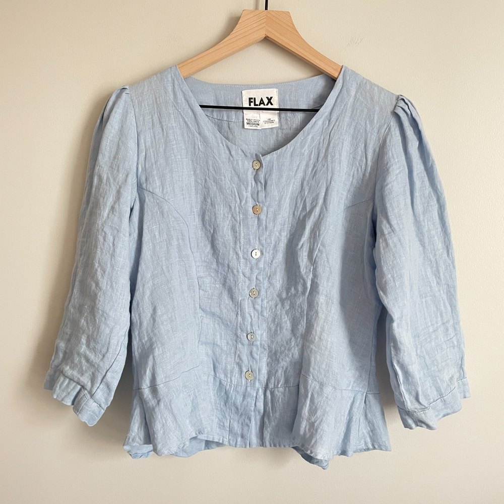 Flax Pure Linen Pastel Blue Button Up Peasant Blouse